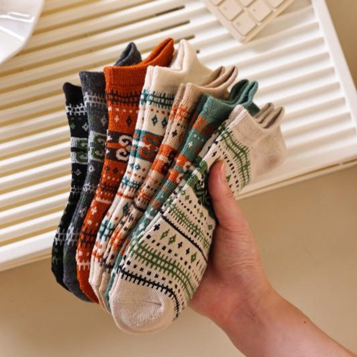 Socks - Fall/Winter Vintage Ethnic Striped Mid-Calf Socks - Breathable - Comfortable - Maillard - Crew Socks V1188-ZXY-10509