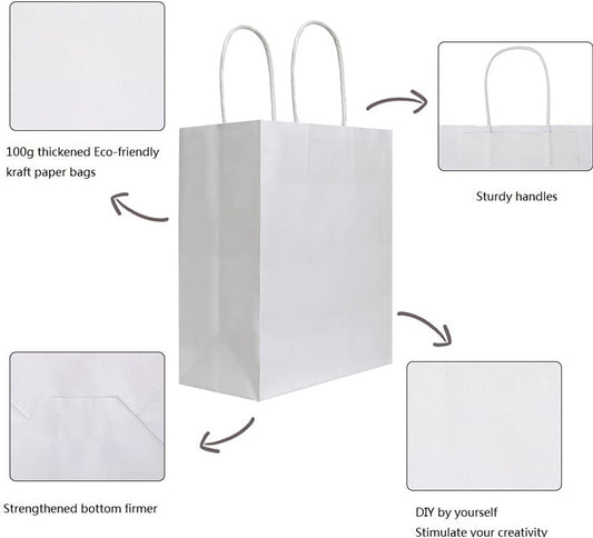 Pack of 20 - Size 21*11*27cm, Medium White Kraft Paper Bags with Handles - Gift Bags, Craft Bags, Shopping V1188-ZXY-10572
