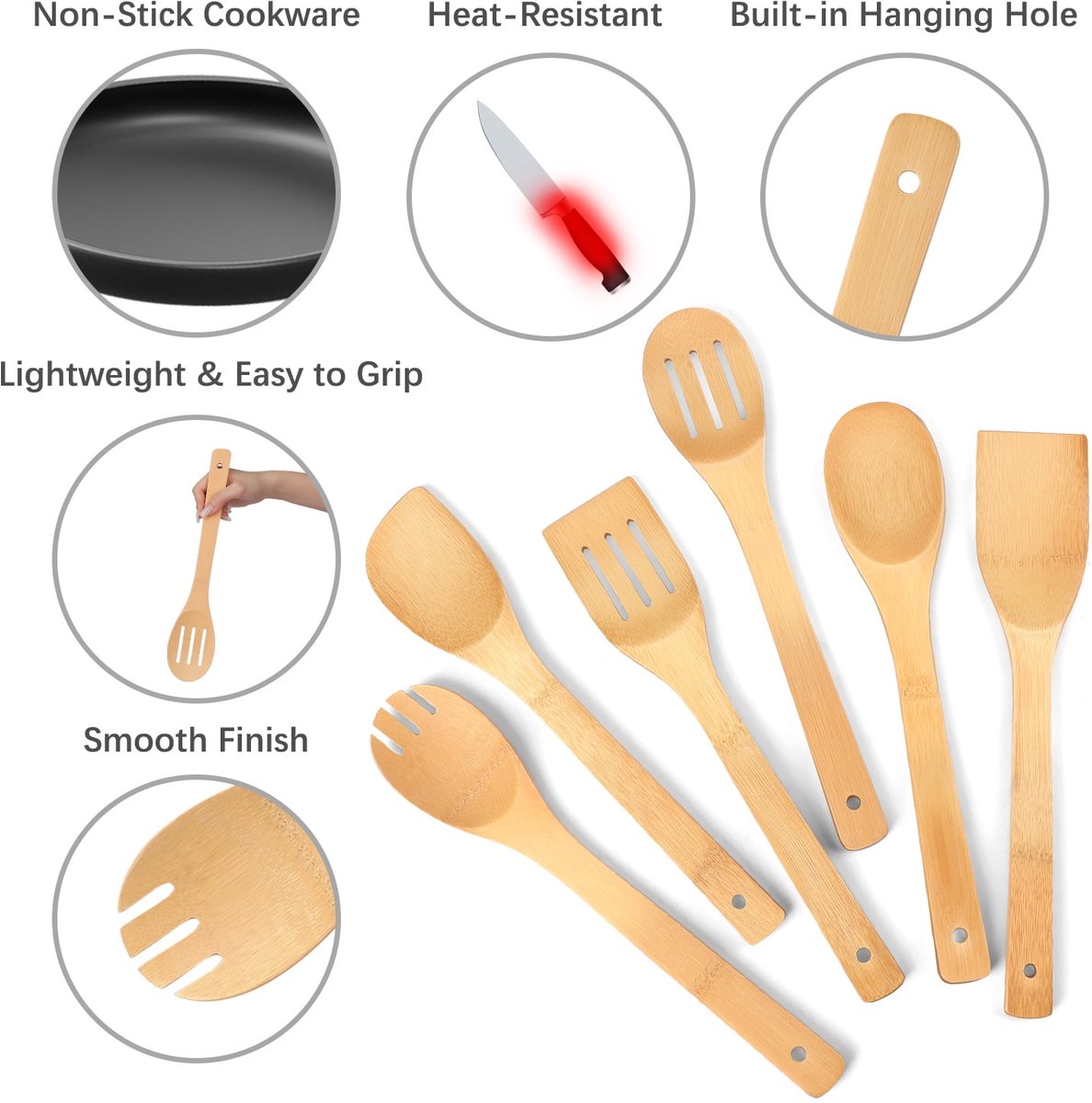 cookware set - 6-piece bamboo spatula and spoon set - Suitable for cooking - Wooden cookware V1188-ZXY-10595