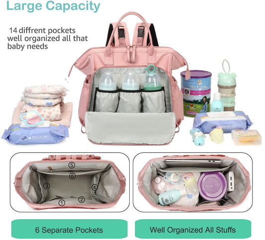 Convertible Diaper Bag - Wide Opening - 14 Pockets - Stylish - Baby Changing Bag - with Stroller Buckle - V1188-ZXY-10612