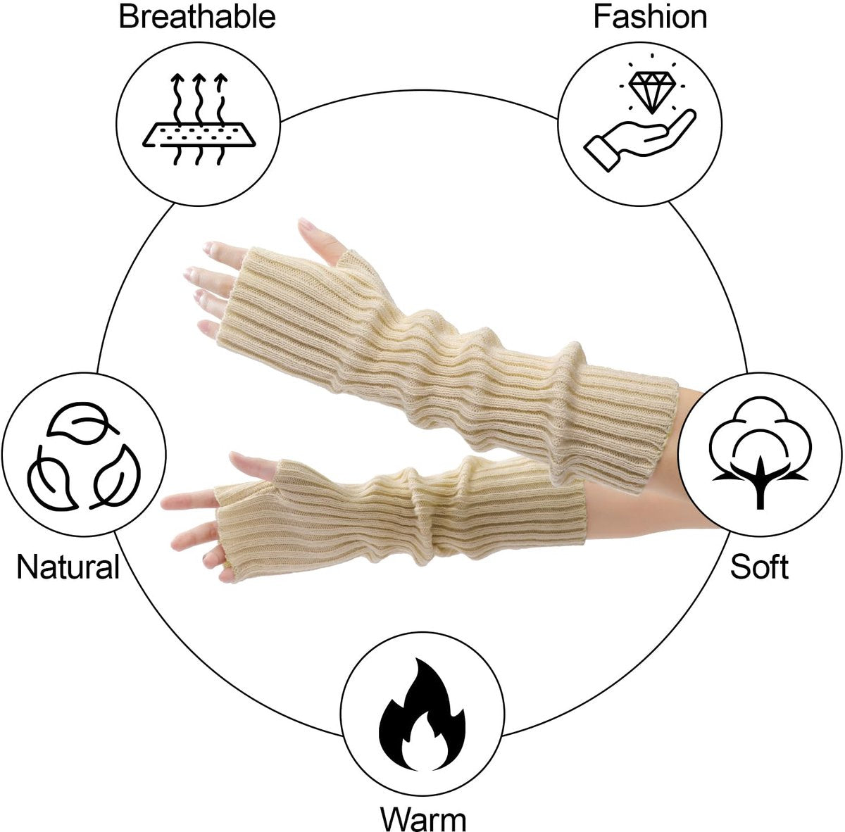 Arm Sleeves - Women's Long Fingerless - Knitted Y2K Arm Sleeves - (Beige) V1188-ZXY-10639