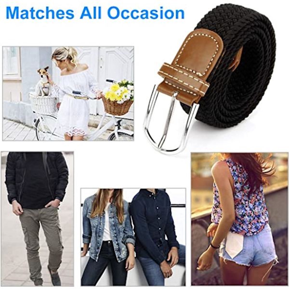 Women's Braided Belt - Stretch Canvas - Elastic Waistband - 2-Pack - No Holes V1188-ZXY-10657