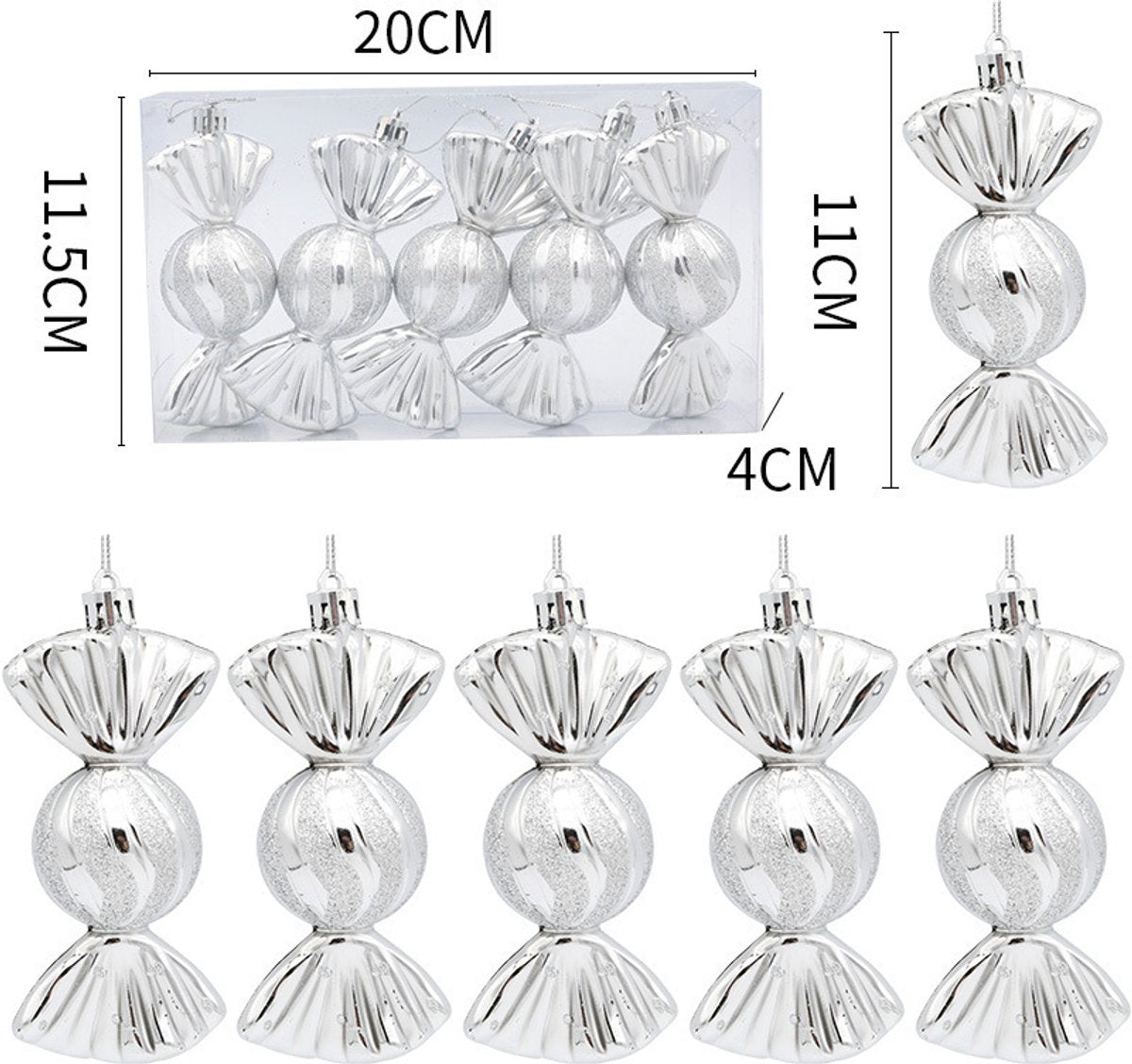 Christmas Decorations - Christmas Decorations - Painted Candy Christmas Tree Decorations - Silver (5 per box) V1188-ZXY-10658