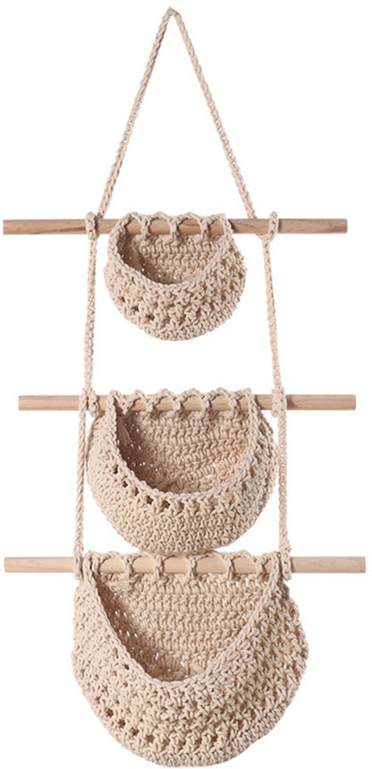 Three-Tier Hanging Fruit and Vegetable Basket - Removable Wall Rack - Hand-Woven Beige Wall Basket - V1188-ZXY-10668
