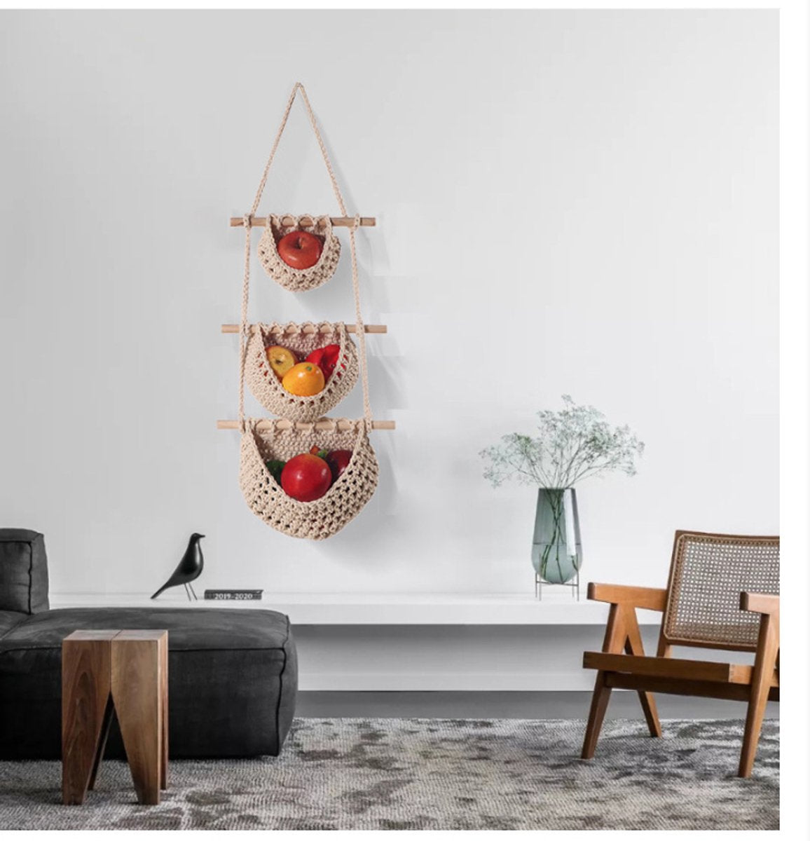 Three-Tier Hanging Fruit and Vegetable Basket - Removable Wall Rack - Hand-Woven Beige Wall Basket - V1188-ZXY-10668