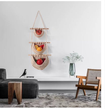 Three-Tier Hanging Fruit and Vegetable Basket - Removable Wall Rack - Hand-Woven Beige Wall Basket - V1188-ZXY-10668