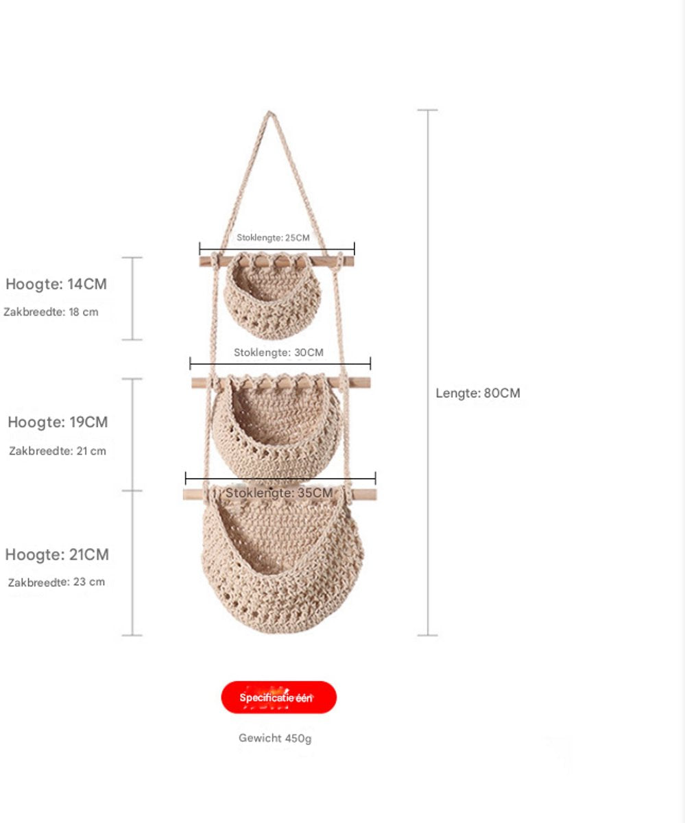 Three-Tier Hanging Fruit and Vegetable Basket - Removable Wall Rack - Hand-Woven Beige Wall Basket - V1188-ZXY-10668