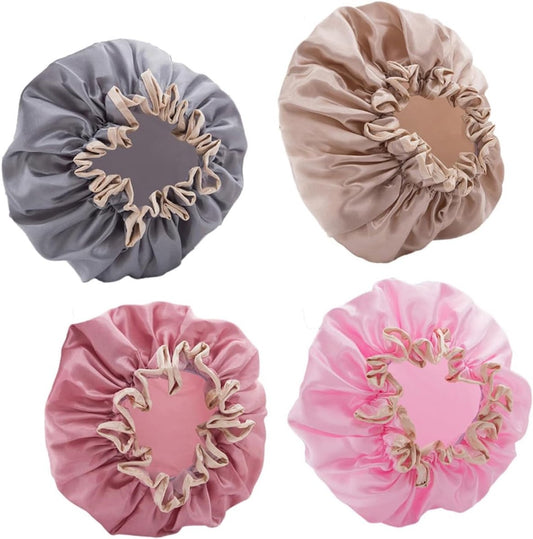 Four-Piece Double Layer Shower Cap Set - Hair Salon - Shower Cap Cover - Kitchen Cap - Pink - Gray - Brown - V1188-ZXY-10674
