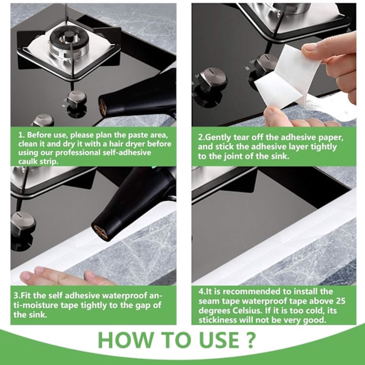 Waterproof Sealing Tape - for floors, walls, countertops, sinks, bathrooms, toilets and baths - 2-pack V1188-ZXY-10694