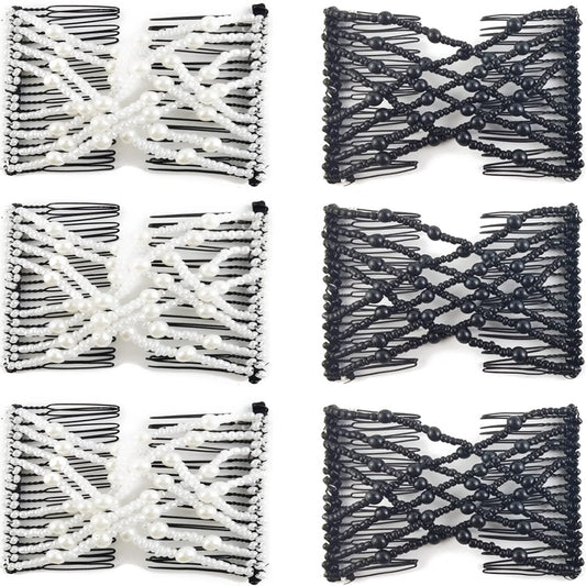 6-Pack Pearl Hair Combs - Elastic Magic Hairpins - Hair Clamps - Hair Clip - Black & White - For All Hair V1188-ZXY-10720