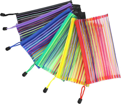 Storage Bags - Set of 6 - Pencil Case - 6 different colored mesh pockets with zipper - Nylon pencil case - V1188-ZXY-10765