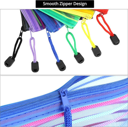 Storage Bags - Set of 6 - Pencil Case - 6 different colored mesh pockets with zipper - Nylon pencil case - V1188-ZXY-10765