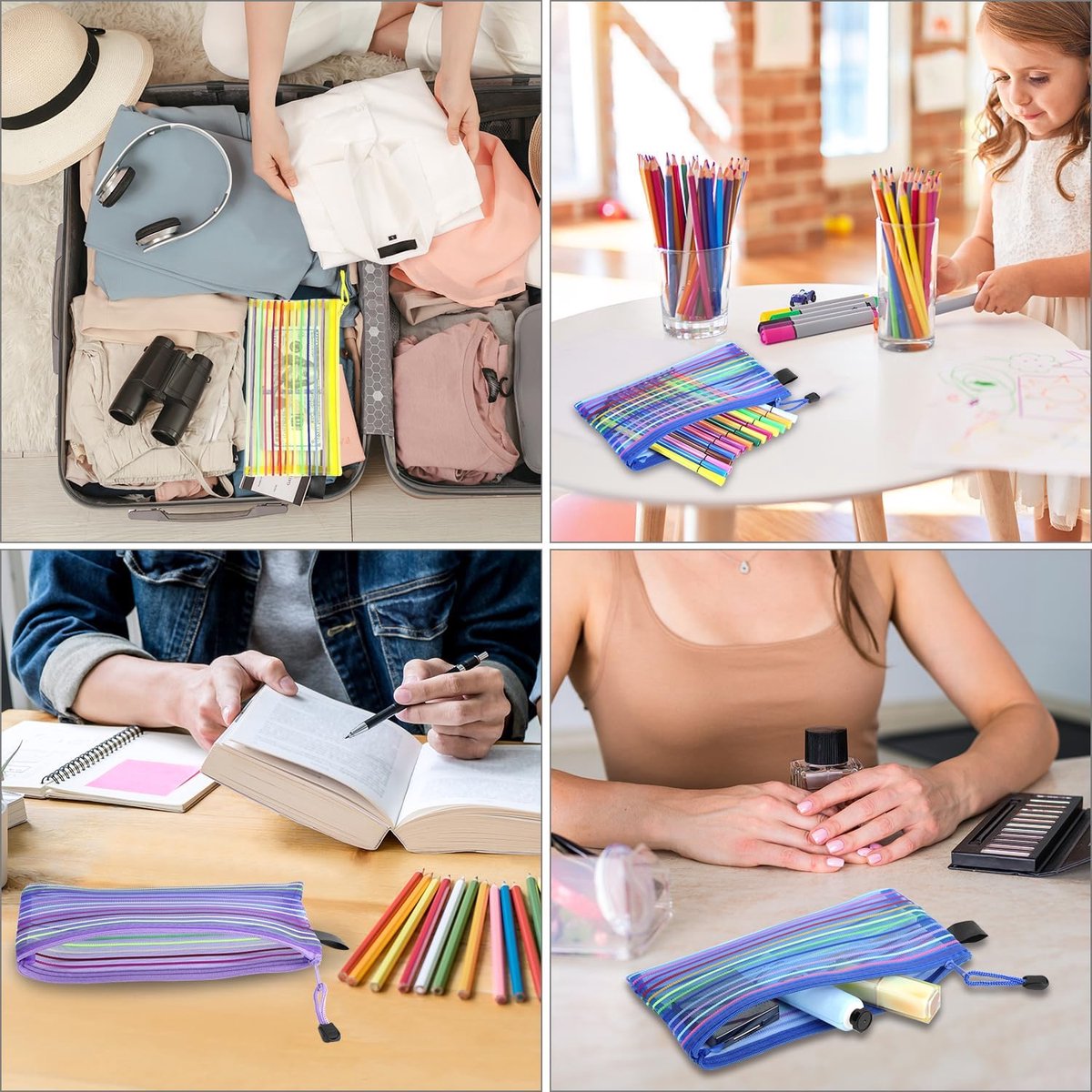 Storage Bags - Set of 6 - Pencil Case - 6 different colored mesh pockets with zipper - Nylon pencil case - V1188-ZXY-10765