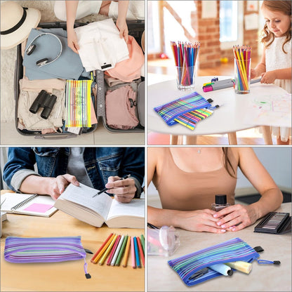 Storage Bags - Set of 6 - Pencil Case - 6 different colored mesh pockets with zipper - Nylon pencil case - V1188-ZXY-10765