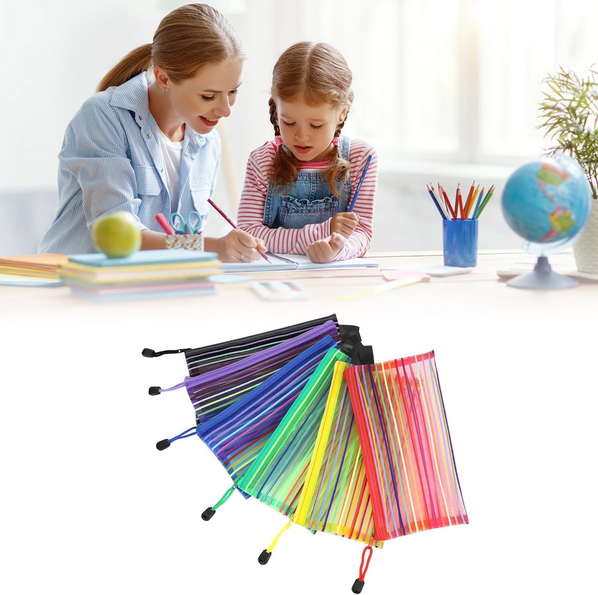 Storage Bags - Set of 6 - Pencil Case - 6 different colored mesh pockets with zipper - Nylon pencil case - V1188-ZXY-10765