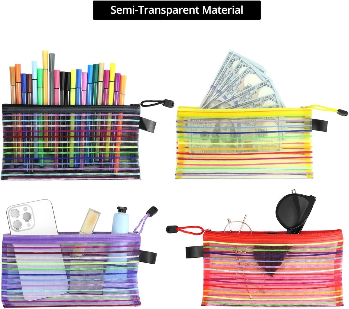 Storage Bags - Set of 6 - Pencil Case - 6 different colored mesh pockets with zipper - Nylon pencil case - V1188-ZXY-10765