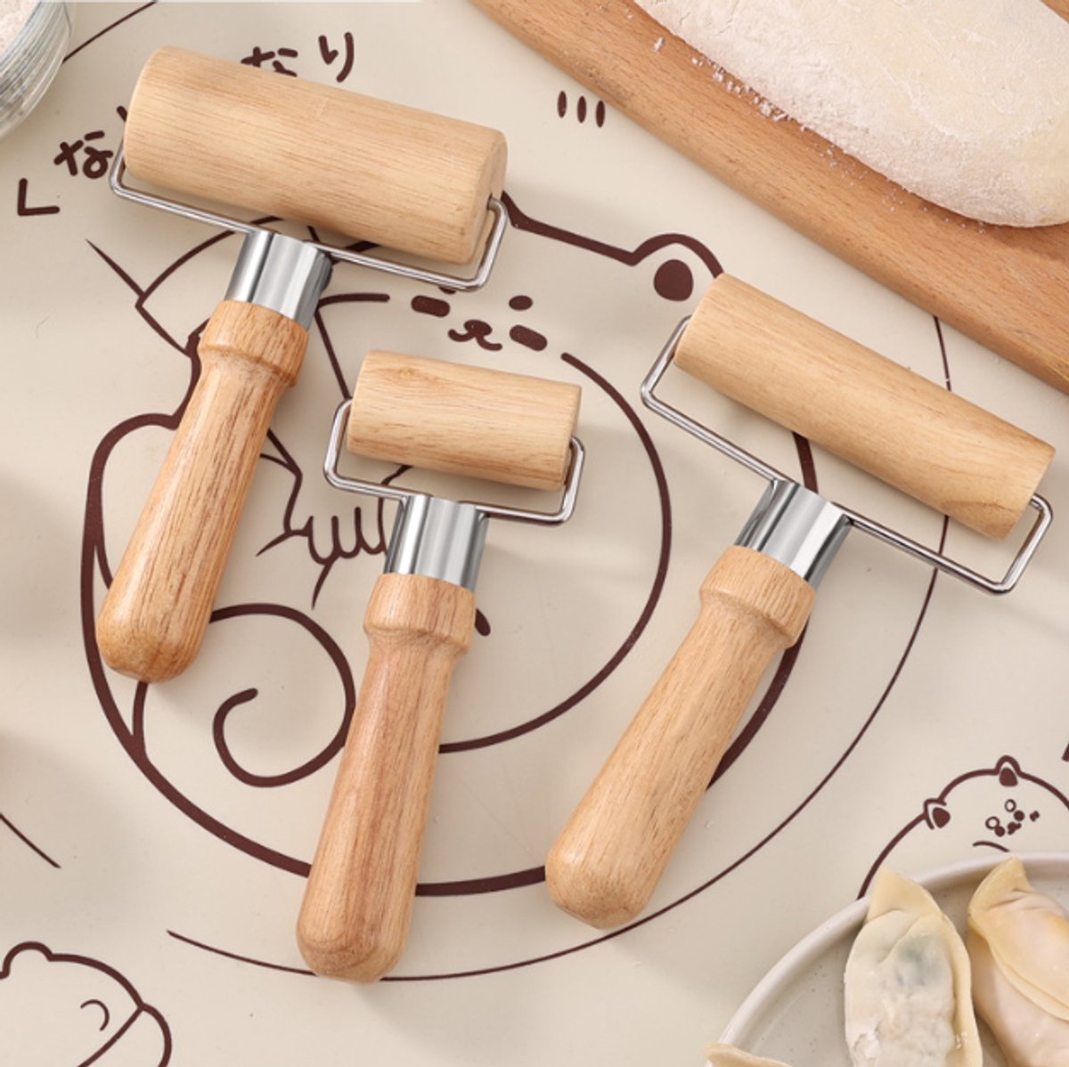 Dough Rolling Machine - Double-Sided Wooden Dough Rolling Machine - Three-Piece Set - Hand Baking Utensils - V1188-ZXY-10798