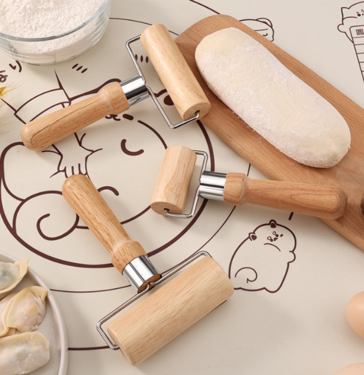 Dough Rolling Machine - Double-Sided Wooden Dough Rolling Machine - Three-Piece Set - Hand Baking Utensils - V1188-ZXY-10798