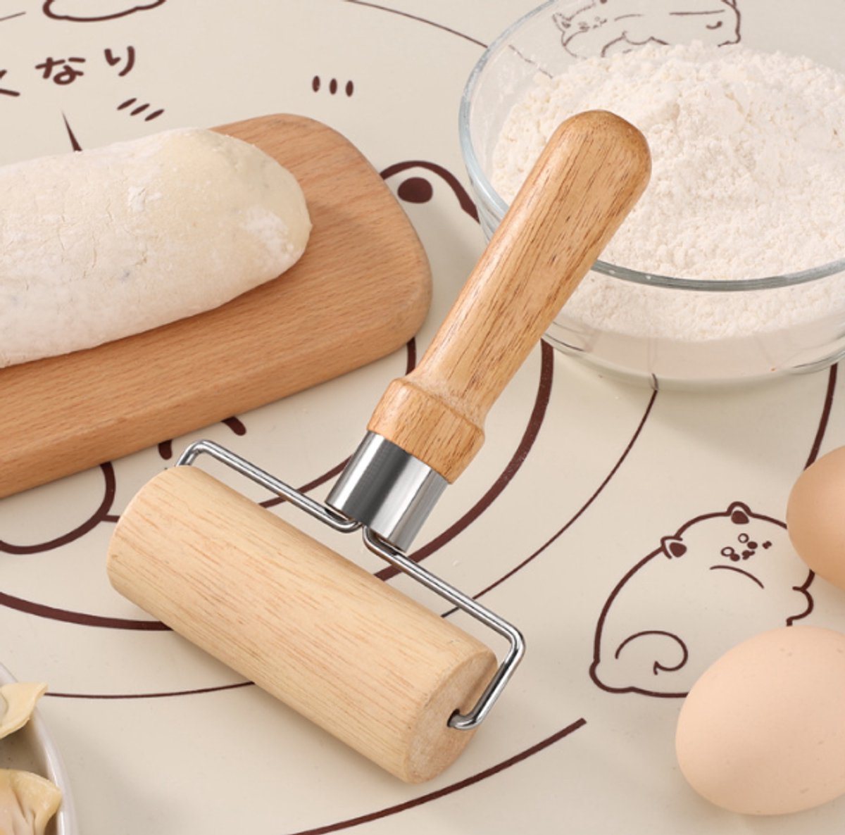 Dough Rolling Machine - Double-Sided Wooden Dough Rolling Machine - Three-Piece Set - Hand Baking Utensils - V1188-ZXY-10798