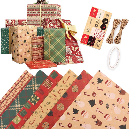 Gift Wrapping Paper - 6 sheets of kraft paper 70x50 cm - Complete set (straw, double-sided tape, stickers) - V1188-ZXY-10803