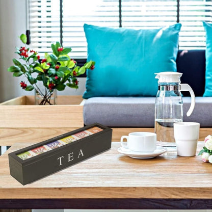 Tea Box - Tea Box 6 Compartments - Wooden Tea Box - Suitable for Loose Tea - 43 x 9 x 8.7 cm - Black V1188-ZXY-10822