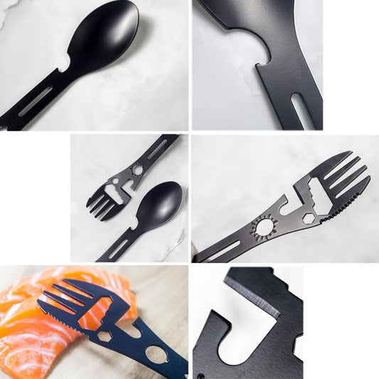 Stainless Steel Spoon and Fork - 10-in-1 Multitool - Works as a combination spoon, fork, knife, bottle opener V1188-ZXY-10844