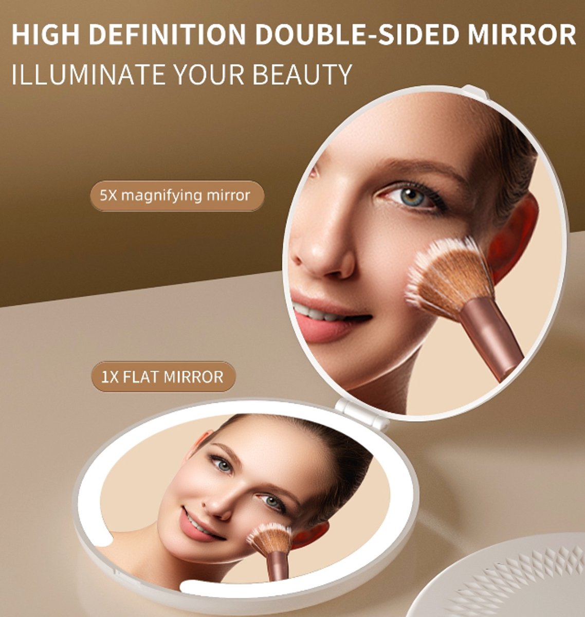 Make-up mirror - Mini mirror with light - 1x/5x magnification - 10 cm - Rechargeable - Suitable for wallets, V1188-ZXY-10858