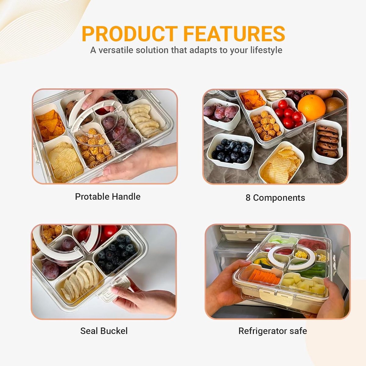 Snack Boxes - Divided trays with lids and handles - Transparent snack boxes for fruit, snacks, sweets and V1188-ZXY-10861