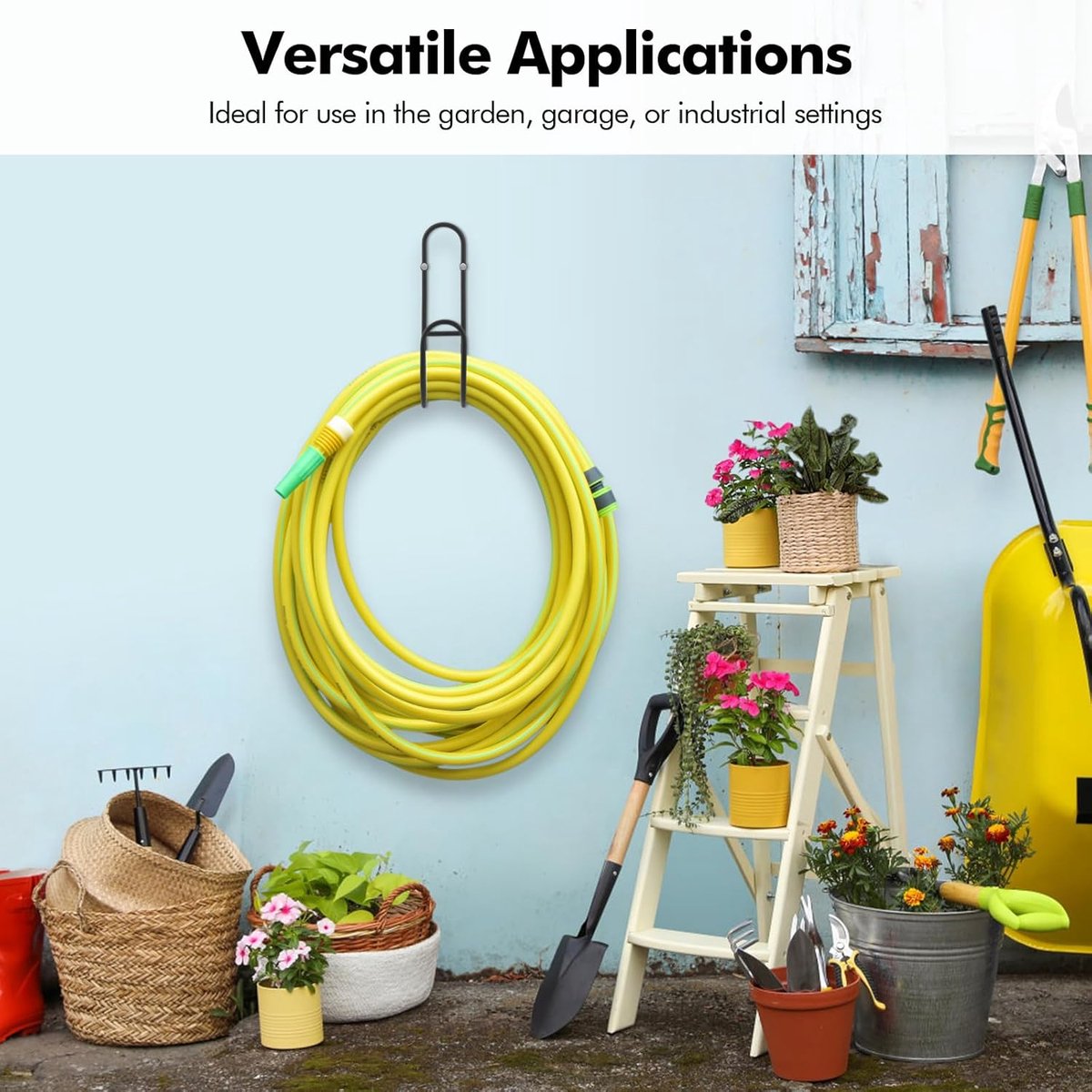 Garden Hose Hanging System - Wall Mount for Neat Storage - Stainless Steel Frame - Black V1188-ZXY-10891