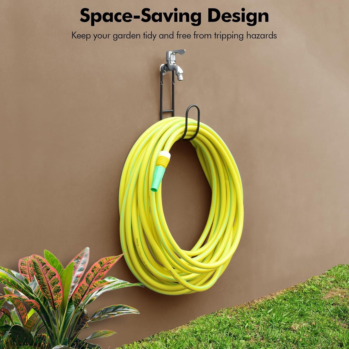 Garden Hose Hanging System - Wall Mount for Neat Storage - Stainless Steel Frame - Black V1188-ZXY-10891