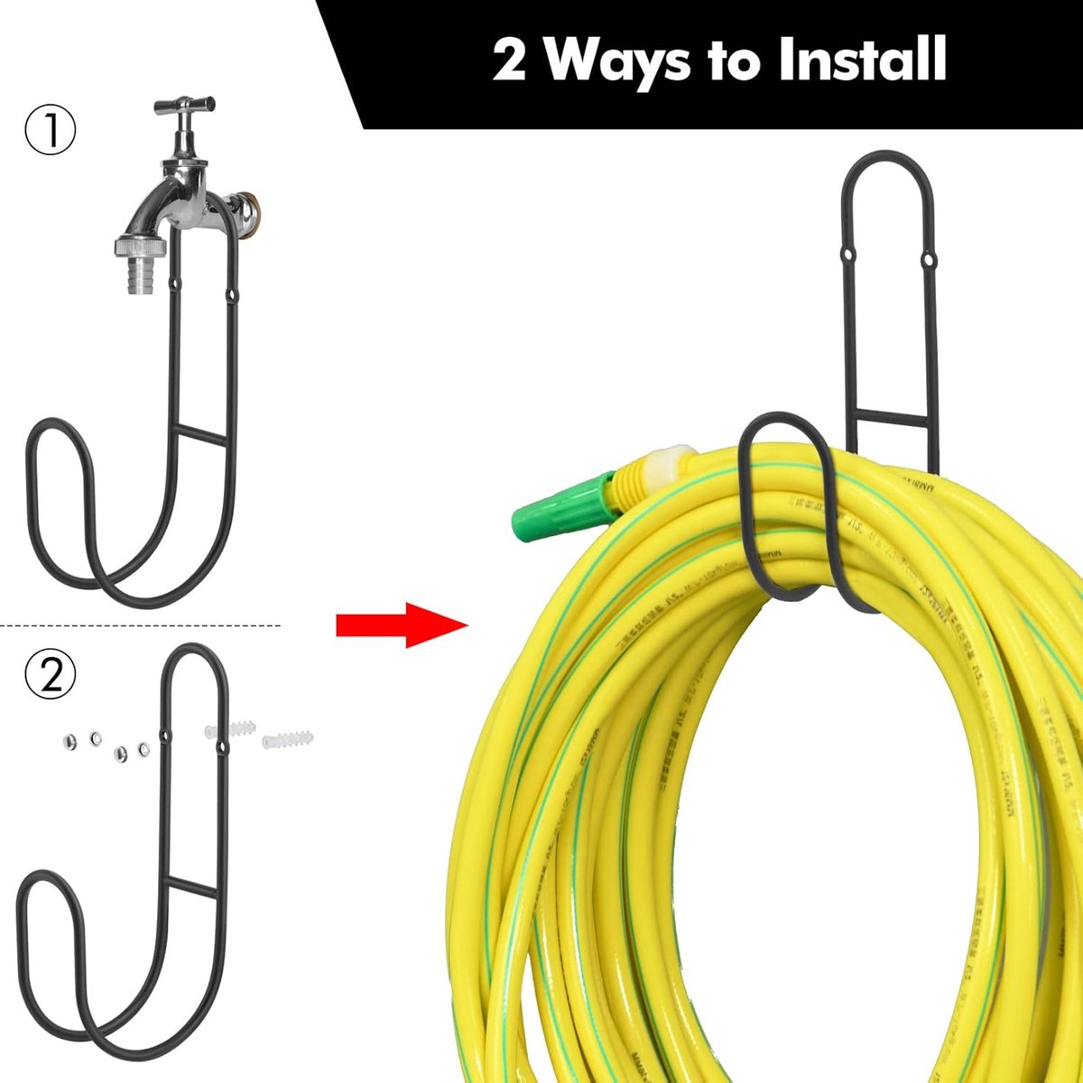Garden Hose Hanging System - Wall Mount for Neat Storage - Stainless Steel Frame - Black V1188-ZXY-10891