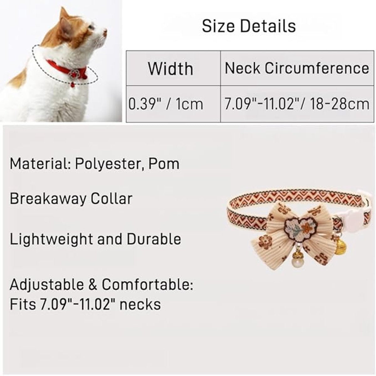 Cat Collar - Bow and Bell Collar - Adjustable Kitten Collar - Dog Collar - Lightweight Safety Collar for Pets V1188-ZXY-10893