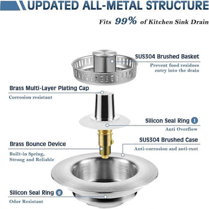 Sink Drain Strainer - 3-in-1 - Stainless Steel - Collapsible Sink Stopper - Strainer - Silver V1188-ZXY-10911