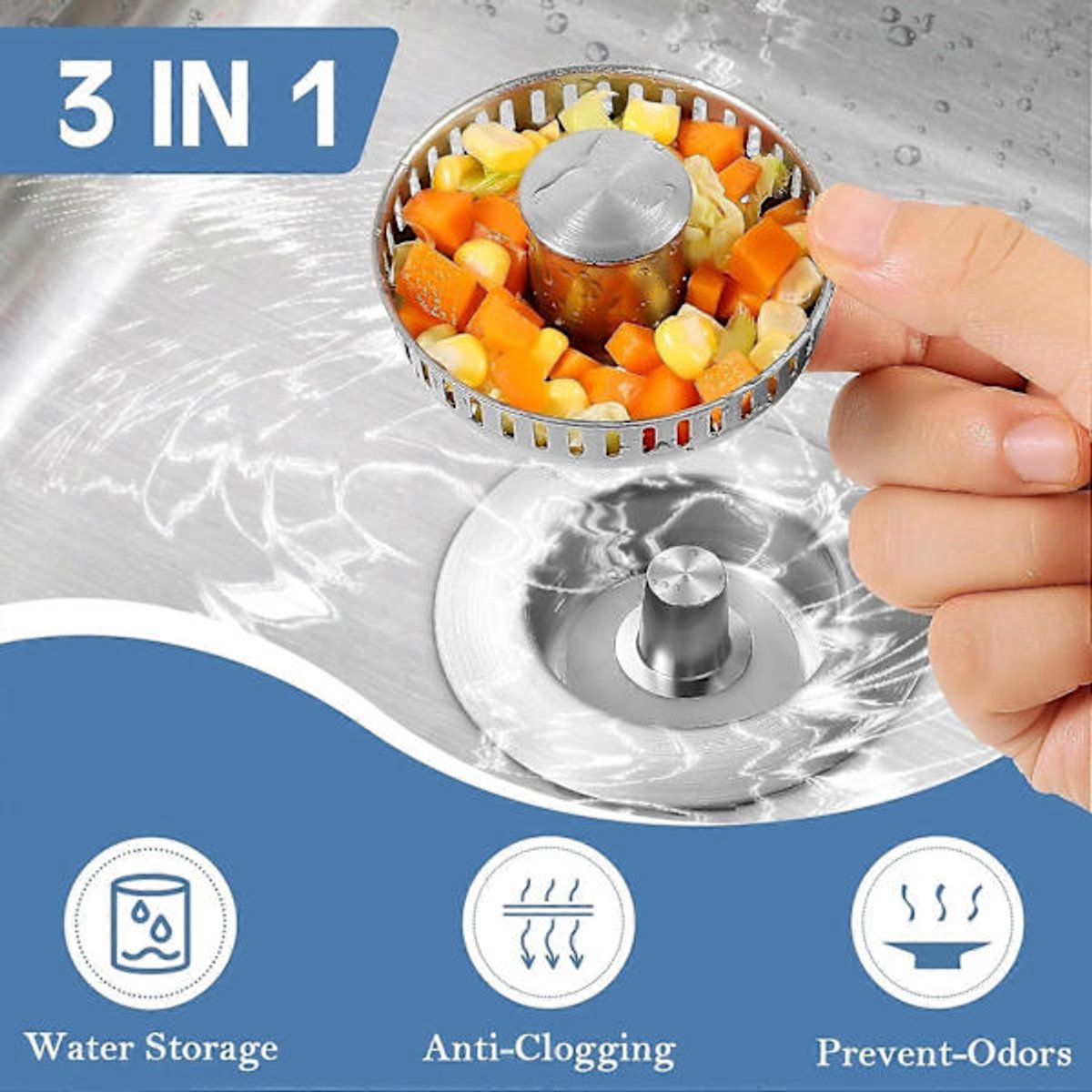 Sink Drain Strainer - 3-in-1 - Stainless Steel - Collapsible Sink Stopper - Strainer - Silver V1188-ZXY-10911