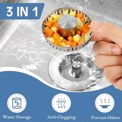 Sink Drain Strainer - 3-in-1 - Stainless Steel - Collapsible Sink Stopper - Strainer - Silver V1188-ZXY-10911