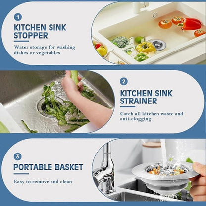 Sink Drain Strainer - 3-in-1 - Stainless Steel - Collapsible Sink Stopper - Strainer - Silver V1188-ZXY-10911