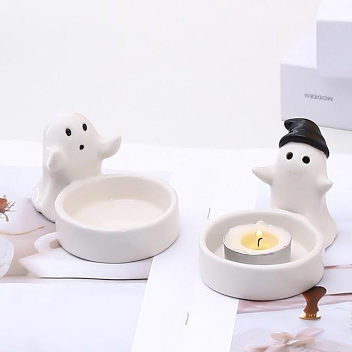 1 Piece - Ceramic Ghost Candle Holder - Cute Ghost Ornament - Birthday Gift - Desk Decoration (Style 2) V1188-ZXY-10916