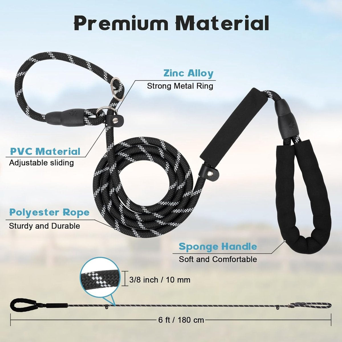 1.8m Long Dog Training Leash - Durable, tension-free polyester dog leash with two padded handles and V1188-ZXY-10925