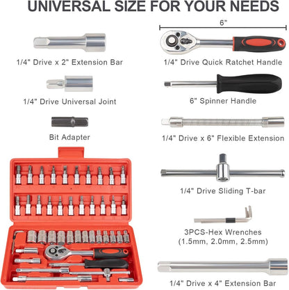 46-Piece Wrench & Ratchet Set - 1/4 Inch Metric for Cars - Compact Storage Case V1188-ZXY-10964