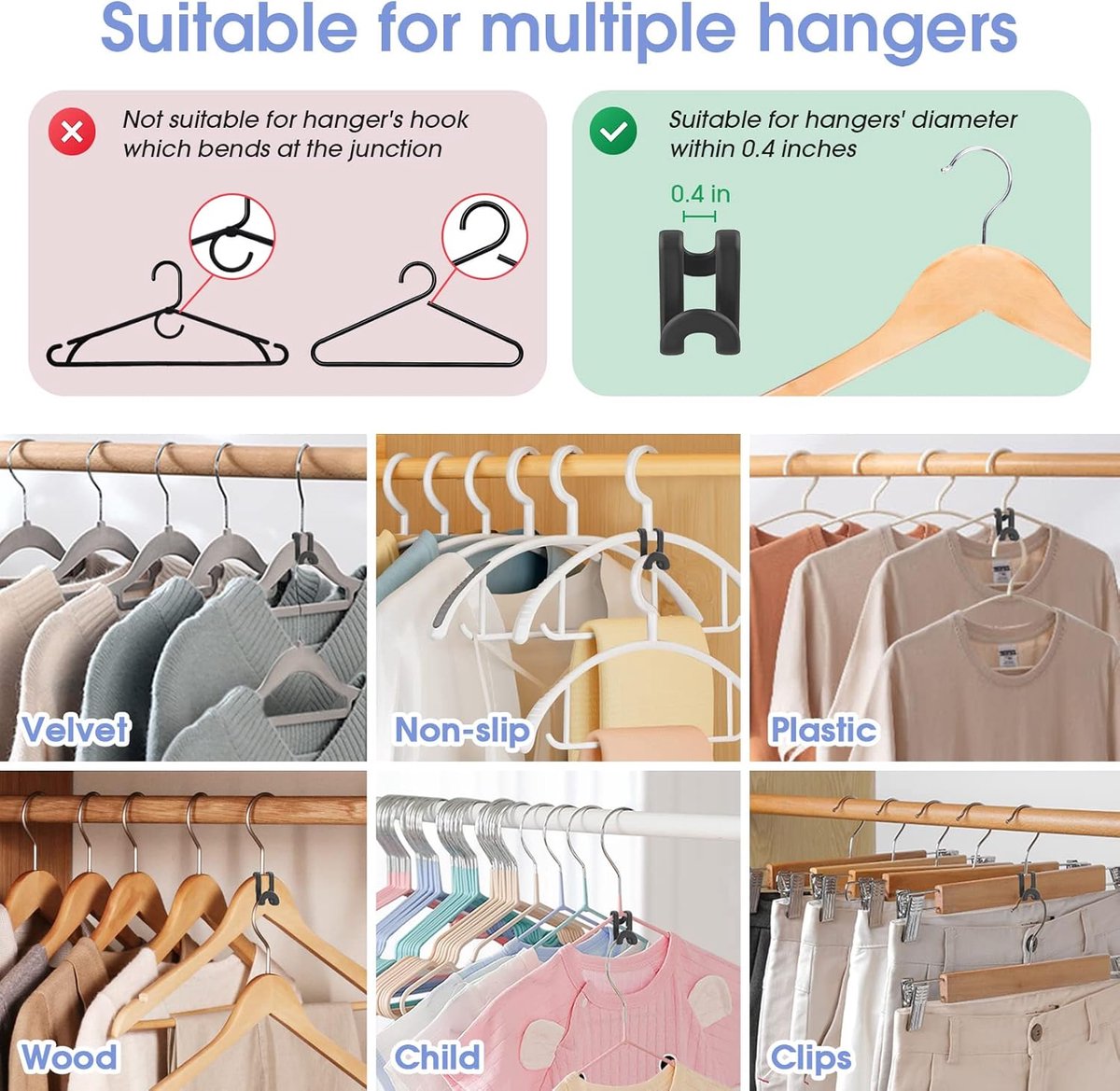 Hanger Hooks | Hooks - S-Hook Hangers - Black - Pack of 100 - Coat Hooks - Space-Saving Hanger Connector V1188-ZXY-10971
