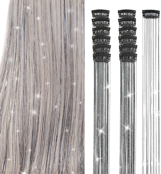 Hair Tinsels - Festival Hair Extensions - Glitter Hair Extensions - 12-Piece Clip-On Hair Accessory Set - V1188-ZXY-11055