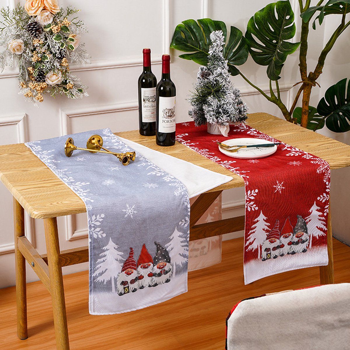 Tablecloth - Two-pack - Christmas tablecloth - Snowflake table runner - textile table runners (Gray + Red) V1188-ZXY-11116