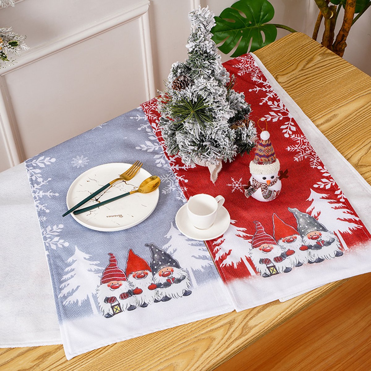 Tablecloth - Two-pack - Christmas tablecloth - Snowflake table runner - textile table runners (Gray + Red) V1188-ZXY-11116