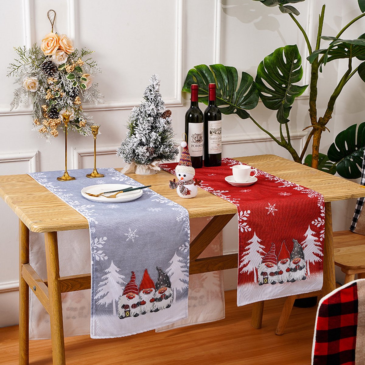 Tablecloth - Two-pack - Christmas tablecloth - Snowflake table runner - textile table runners (Gray + Red) V1188-ZXY-11116