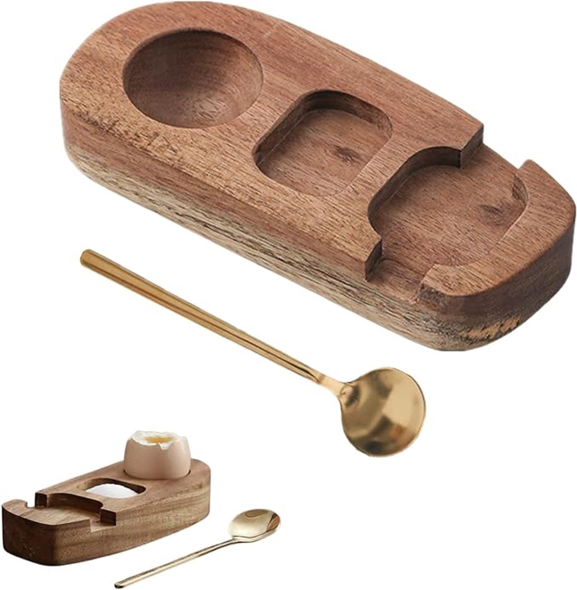 1 set - Wooden egg holder - with spoon - Stylish tray - Sturdy design - Suitable for breakfast, brunch, V1188-ZXY-11165