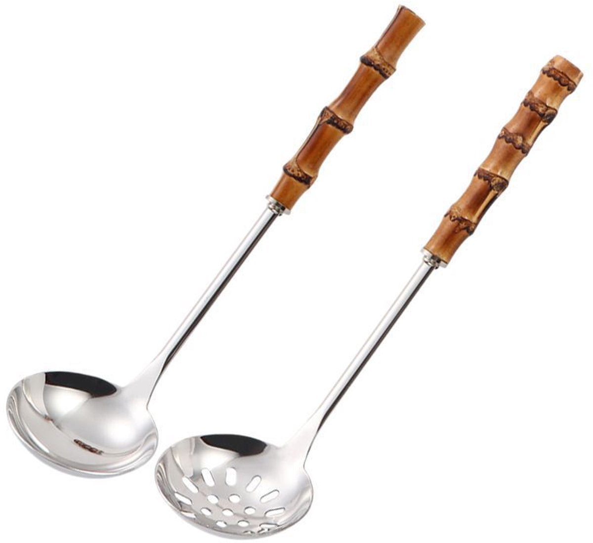Spoons - 2-Piece Set - Stainless Steel Soup Spoon with Bamboo Handle - Long Handle Soup Spoon - Soup Spoon - V1188-ZXY-11181