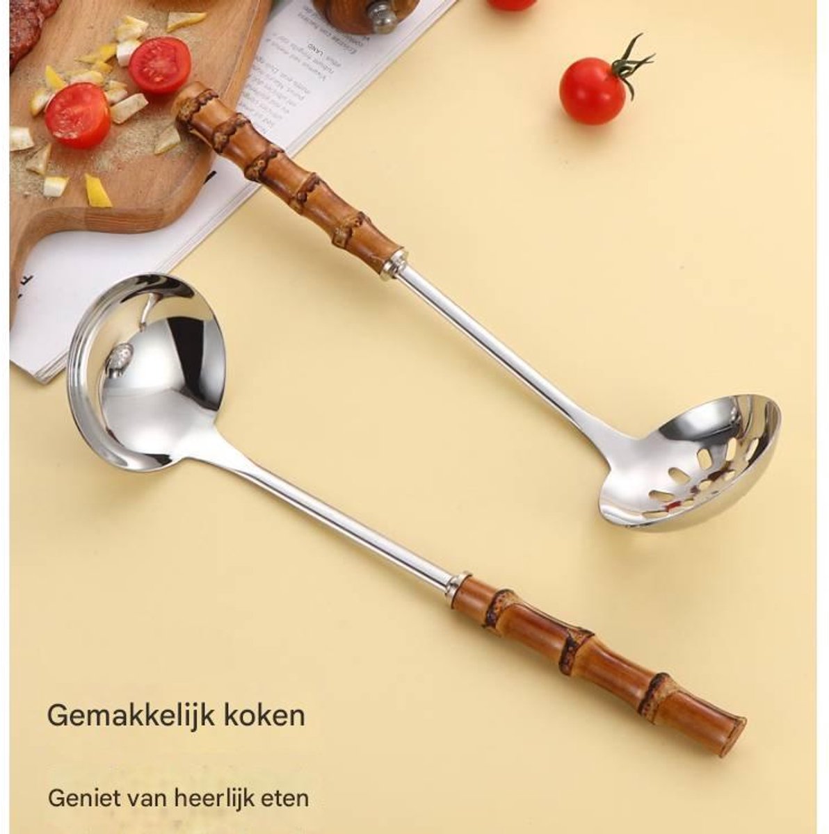 Spoons - 2-Piece Set - Stainless Steel Soup Spoon with Bamboo Handle - Long Handle Soup Spoon - Soup Spoon - V1188-ZXY-11181