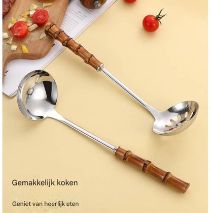 Spoons - 2-Piece Set - Stainless Steel Soup Spoon with Bamboo Handle - Long Handle Soup Spoon - Soup Spoon - V1188-ZXY-11181
