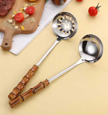 Spoons - 2-Piece Set - Stainless Steel Soup Spoon with Bamboo Handle - Long Handle Soup Spoon - Soup Spoon - V1188-ZXY-11181