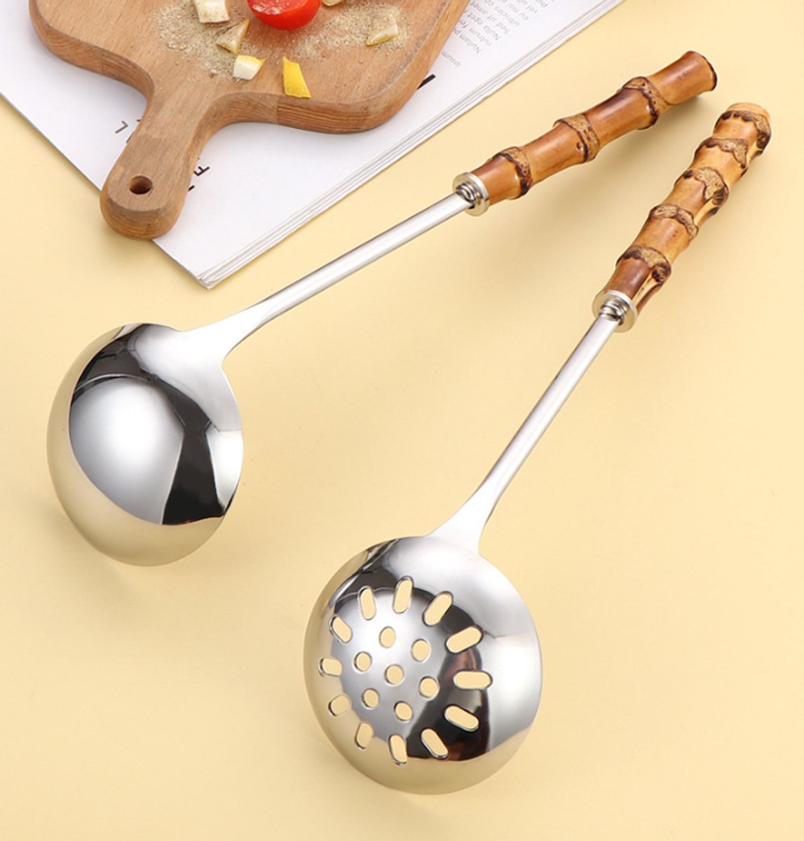 Spoons - 2-Piece Set - Stainless Steel Soup Spoon with Bamboo Handle - Long Handle Soup Spoon - Soup Spoon - V1188-ZXY-11181